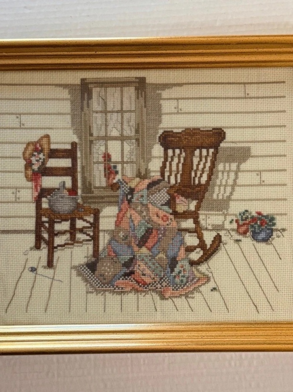 Vintage Framed Cottagecore Completed Cross Stitch Art - Aunt Verdi's Porch